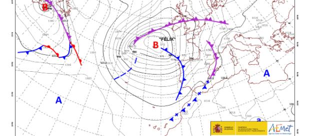 Situación de la borrasca Félix la madrugada del sábado - AEMET Situación de la borrasca Félix la madrugada del sábado - AEMET