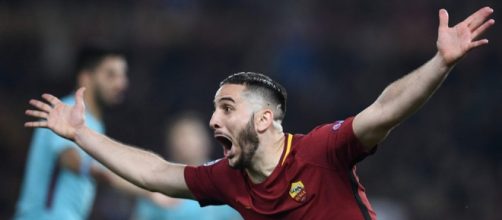Roma-Barcellona: Manolas esulta dopo aver segnato il gol del 3 a 0