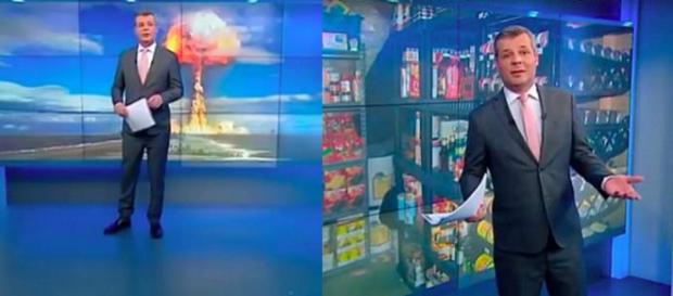 Apresentador russo Alexey Kazakov instuiu a audência a como se preparar para uma possível guerra global (Crédito: YouTube/Rossiya 24) Apresentador russo Alexey Kazakov instuiu a audência a como se preparar para uma possível guerra global (Crédito: YouTube/Rossiya 24)