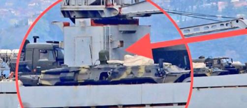 Russian warships laden with tanks seen leaving Turkey. [image source: Jim Yackel - YouTube]