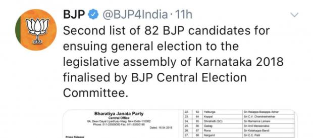 BJPs second list of candidates for KAE 2018 [Image via BJP4India/Twitter) BJPs second list of candidates for KAE 2018 [Image via BJP4India/Twitter)