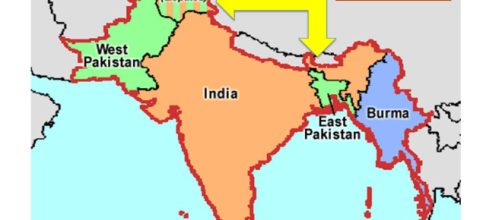 In alto, cartina geografica dell'India e del Pakistan (Linea Radcliffe)