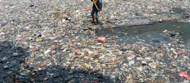 Los ríos y los canales están obstruidos por densas masas de botellas, bolsas y otros envases de plástico. Los ríos y los canales están obstruidos por densas masas de botellas, bolsas y otros envases de plástico.