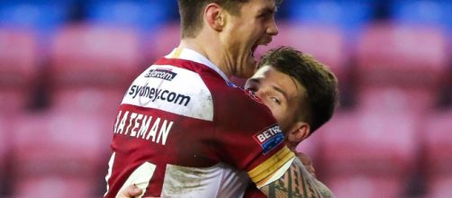 Joel Bateman embraces Oliver Gildart after the latter's try on Friday night. Image Source - rugby-league.com