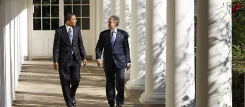 Presidents Bush and Obama [image courtesy White House wikimedia commons]