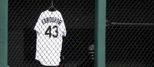 The Chicago White Sox hang Farquhar's jersey while the pitcher recovers from a brain scare. [image source: CBS This Morning/YouTube screenshot}