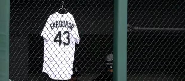 The Chicago White Sox hang Farquhar's jersey while the pitcher recovers from a brain scare. [image source: CBS This Morning/YouTube screenshot} The Chicago White Sox hang Farquhar's jersey while the pitcher recovers from a brain scare. [image source: CBS This Morning/YouTube screenshot}