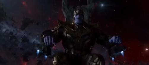Thanos sits on his throne while taling to Ronan the Accuser. [Image via Mald3x/YouTube screencap]