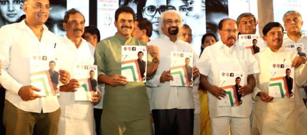Congress leaders Sam Pitroda, Veerappa Moily, K. C. Venugopal, K. J. George and other leaders unveiling manifesto (Image via - Prokeraa/youtube) Congress leaders Sam Pitroda, Veerappa Moily, K. C. Venugopal, K. J. George and other leaders unveiling manifesto (Image via - Prokeraa/youtube)