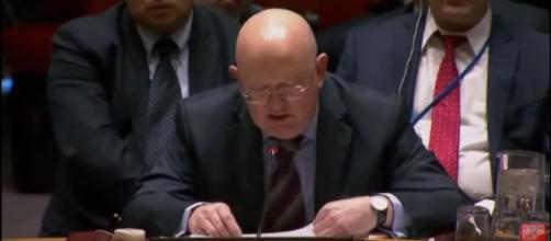 Russian ambassador to the UN attacks the UK. [image source: LIVE SATELLITE NEWS/YouTube screenshot]