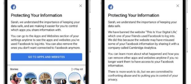 Facebook is informing all users if you receive the message on the right, your Facebook data has been breached. Image credit - Facebook picture Facebook is informing all users if you receive the message on the right, your Facebook data has been breached. Image credit - Facebook picture