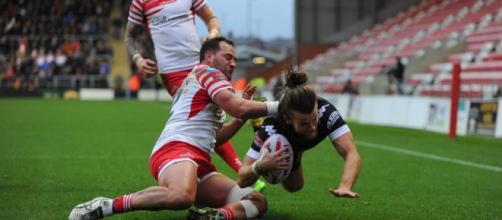 Liam Kay dives over for a try in Toronto's round one win over Leigh. Image Source - thestar.com