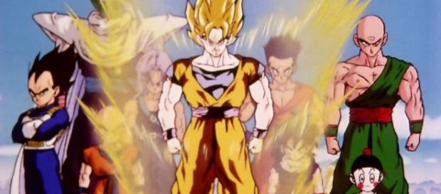 Die Helden aus Dragon Ball Z, vorne im Bild Son Goku als Super Saiyajin Die Helden aus Dragon Ball Z, vorne im Bild Son Goku als Super Saiyajin