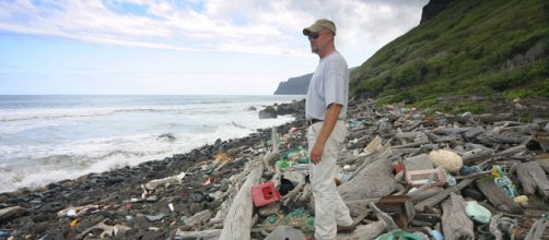Oceangoing trash accumulates on the windward (eastern) side of the Hawaiian Island of Niihau. [Image source: Polihale - Wikimedia Commons]
