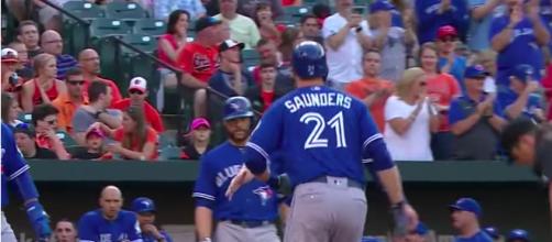 Michael Saunders hits three home runs in a game against the Baltimore Orioles in 2016. [image source: MLB/YouTube screenshot]