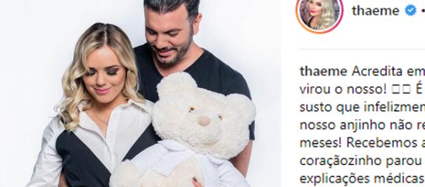 Thaeme, da dupla com Thiago, perde bebê e faz desabafo nas redes sociais. (foto reprodução). Thaeme, da dupla com Thiago, perde bebê e faz desabafo nas redes sociais. (foto reprodução).
