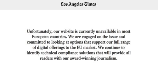 Il sito web del Los Angeles Times risulta inaccessibile agli utenti europei