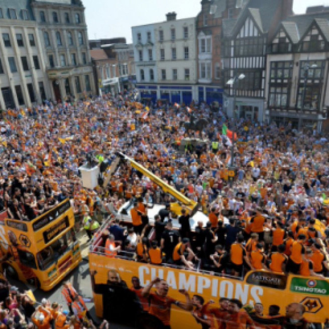 Wolves celebrate their Championship victory with an open-top bus parade through the city. Credit: @DarrenProsser/Twitter.