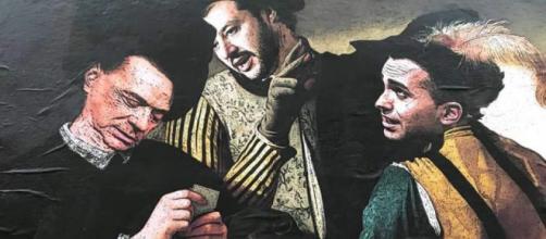 Salvini, Di Maio e Berlusconi dipinti come 'I bari' del Caravaggio provano a trovre un accordo per il governo M5S-Lega