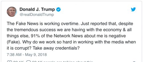 Tweet by President Donald Trump appears to call negative news coverage of him fake. [Image source: realDonaldTrump/Twitter]
