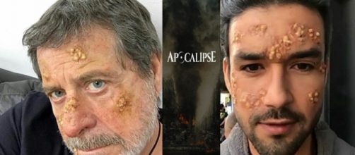 Atores Flávio Galvão e Sérgio Marone recebem maquiagem das chagas que seus personagens sofrerão.
