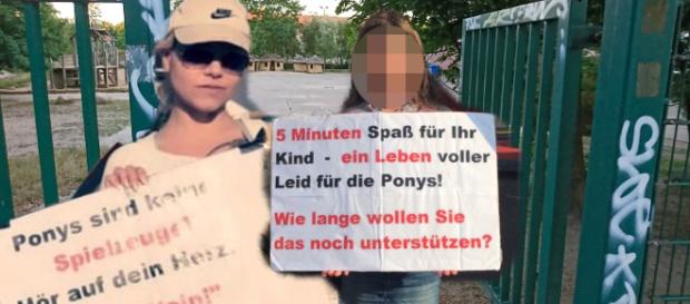 Jana Wagenhuber demonstriert zum Schutz von Ponys; im Hintergrund die brandenburger Schule / Symbolbild + Montage; Fotos: Jana Wagenhuber, privat Jana Wagenhuber demonstriert zum Schutz von Ponys; im Hintergrund die brandenburger Schule / Symbolbild + Montage; Fotos: Jana Wagenhuber, privat