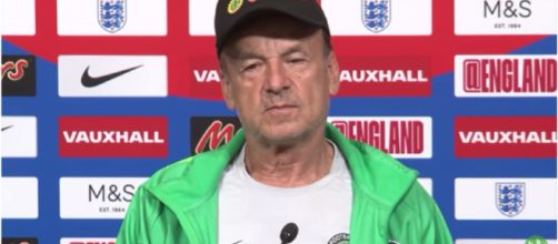 Gernot Rohr addressing a press conference before the Super Eagles friendly against England. [image source: HaytersTV - YouTube]