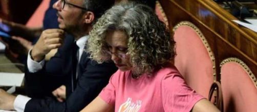 La senatrice del PD, Monica Cirinnà, in aula con la t-shirt pro famiglie arcobaleno
