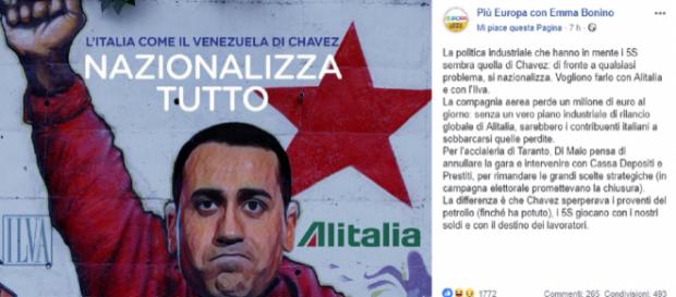 Il post di 'Più Europa' con Emma Bonino che ritrae Di Maio a pugno chiuso Il post di 'Più Europa' con Emma Bonino che ritrae Di Maio a pugno chiuso