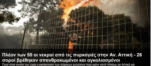 La notizia degli incendi sui media della Grecia