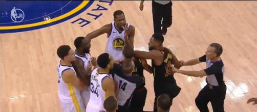 Reports say LeBron James and KD helped break up another fight involving Tristan Thompson and Draymond Green. - [EPSN / YouTube screencap]