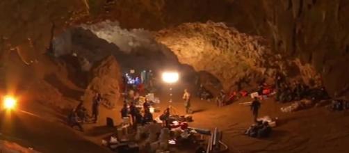 Tham Luang cave where a coach and 12 boys from a soccer team prepare for rescue. - [ CNN / YouTube screencap]