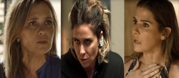 Luzia arma para Laureta e Karola brigarem. (Foto: Divulgação TV Globo) Luzia arma para Laureta e Karola brigarem. (Foto: Divulgação TV Globo)