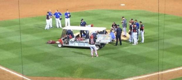 Aroldis Chapman struck in head by line drive; game cancelled | (Image via sportingnews.com/Twitter) Aroldis Chapman struck in head by line drive; game cancelled | (Image via sportingnews.com/Twitter)