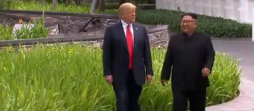 Trump-Kim summit: Donald Trump, Kim Jong Un take stroll around Sentosa's Capella Hotel. [Image courtesy – Channel NewsAsia, YouTube video]