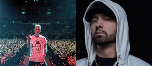 Mgk durante il su ultimo live ad Orlando, a destra Eminem