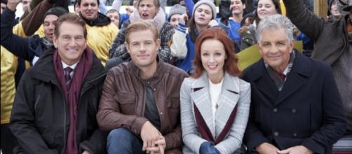 Joe Theismann, Trevor Donovan, Lindy Booth, and Ed Marinaro in 'Snowcoming.' [Photo courtesy of Beth Grossbard with Hallmark Channel movies]