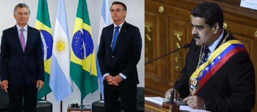 Mauricio Macri e Jair Bolsonaro discursam em salão do Palácio do Planalto (Foto: Alan Santos/Presidência da República | Frederico Parra/AFP)