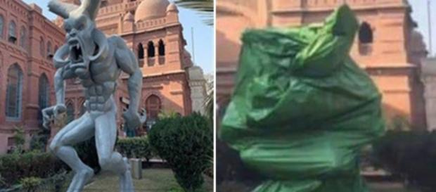 Left the statue in full display. Right the statue covered after ruling. Left the statue in full display. Right the statue covered after ruling.