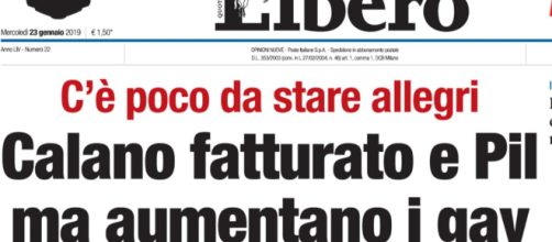 Libero: 'C'è poco da stare allegri. Calano fatturato e Pil ma aumentano i gay', è bufera sul nuovo titolo del quotidiano di Feltri