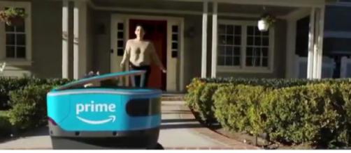 Amazon self-driving delivery robots. [Image source/WTHR YouTube video]