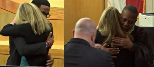 Since when does a judge console the criminal? Amber Guyger's case is definitely different. [Image source: WFAA / ABC News / YouTube]