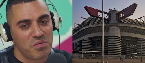 Marracash a sinistra, lo stadio di San Siro a destra.