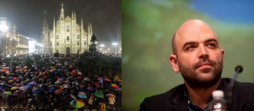 Le Sardine in Piazza Duomo a Milano: sul palco anche lo scrittore Roberto Saviano