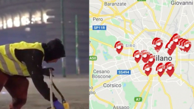 Salmo in azione con bombolette e stencil ieri notte a Milano.