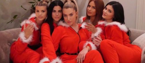 Kylie and friends pose for a Christmas photo after they dressed up as Mrs Santas. (Image source:instagram @kyliejenner)