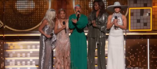 Lady Gaga, Jada Pinkett Smith, Michelle Obama, and Jennifer Lopez united with Alicia Keys at the 2019 Grammys. [Image source: GRAMMYS-YouTube]