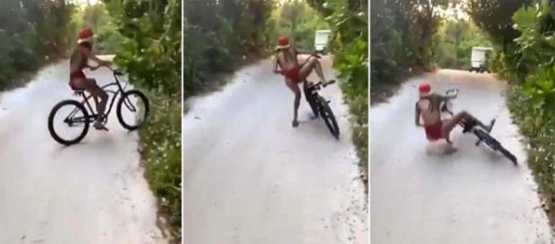 Nabilla embarque sur un vélo sans freins et fait une chute improbable. Nabilla embarque sur un vélo sans freins et fait une chute improbable.