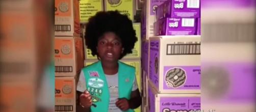 Girl Scout Kayla Paschall raps to the tune of Cardi B's money, selling out cookie. [Image Source: CBS Los Angeles - YouTube]