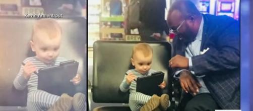 Carter Jean Armentrout and Joseph Wright bond over Snoopy at airport. [Image Source: Good Morning America via Kevin Armentrout - YouTube]